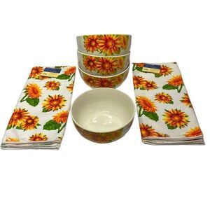 NWT 4 Sunflower Cereal Bowls with Matching Hand Towels